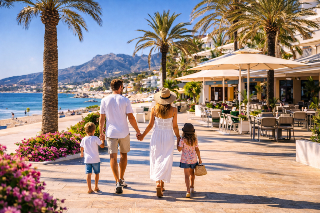 Family stroll along sunny promenade