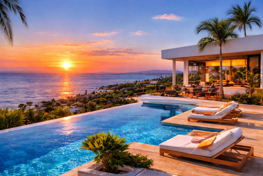 Sunset over Mediterranean villa and pool